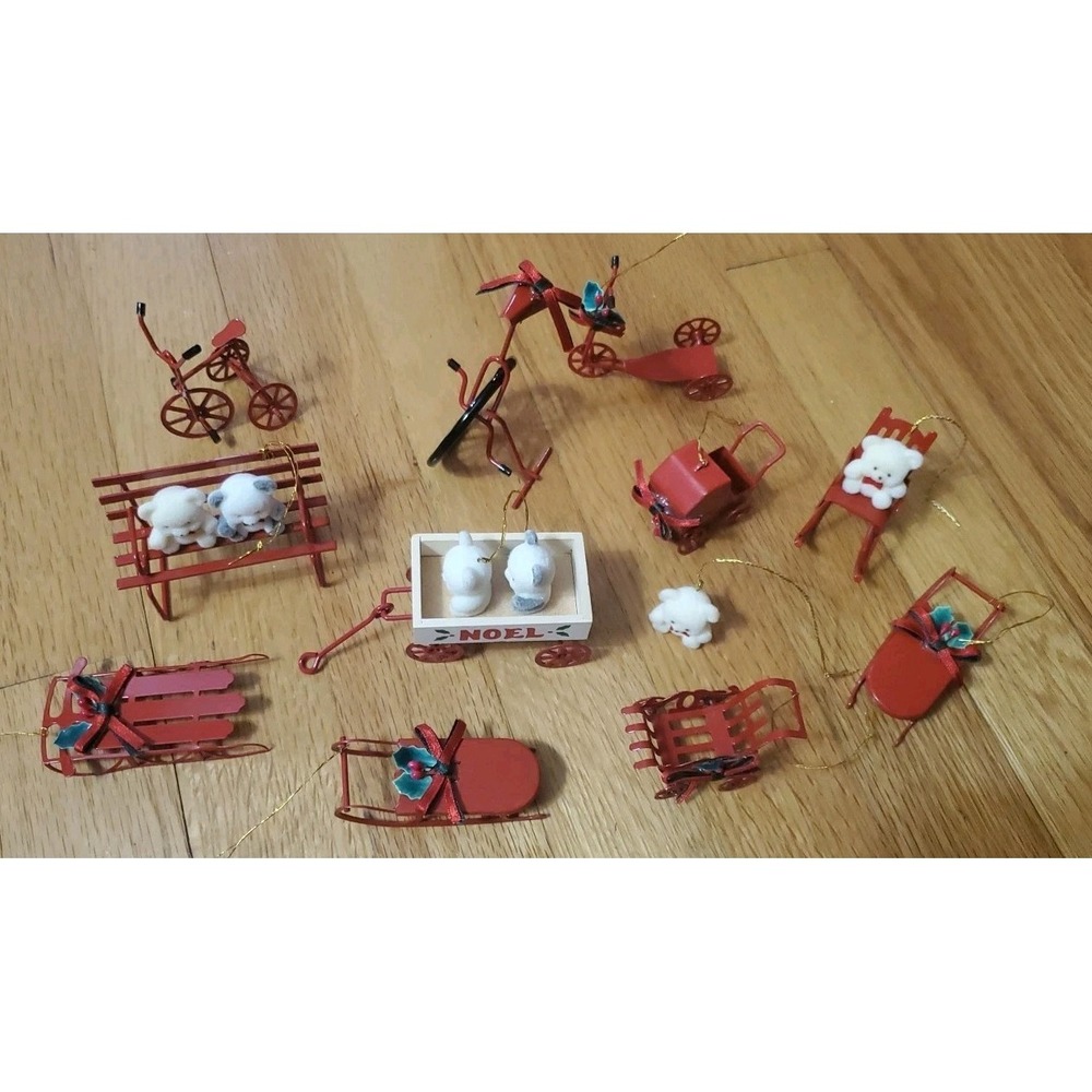 Vintage Flocked Teddy Bears and Red Metal Christmas Ornaments Lot Of 12